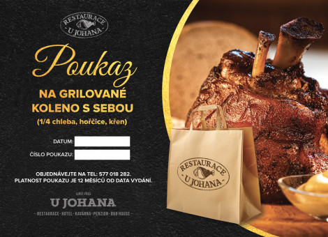 Poukaz na grilované koleno s sebou, hořčice, křen, chleba